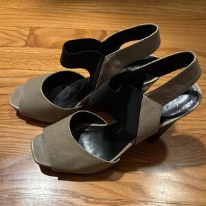 Franco Sarto Tan and Black Wedge Slingback Shoes